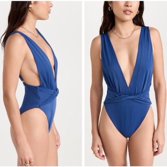 NWT {Agua Bendita} Ellis Shaka Solid One Piece Bathing Suit | Blue ~ Size Large - Picture 3 of 16